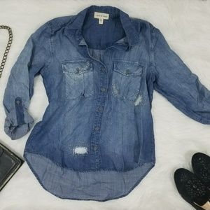 Cloth & Stone Chambray Denim Overshirt Distressed